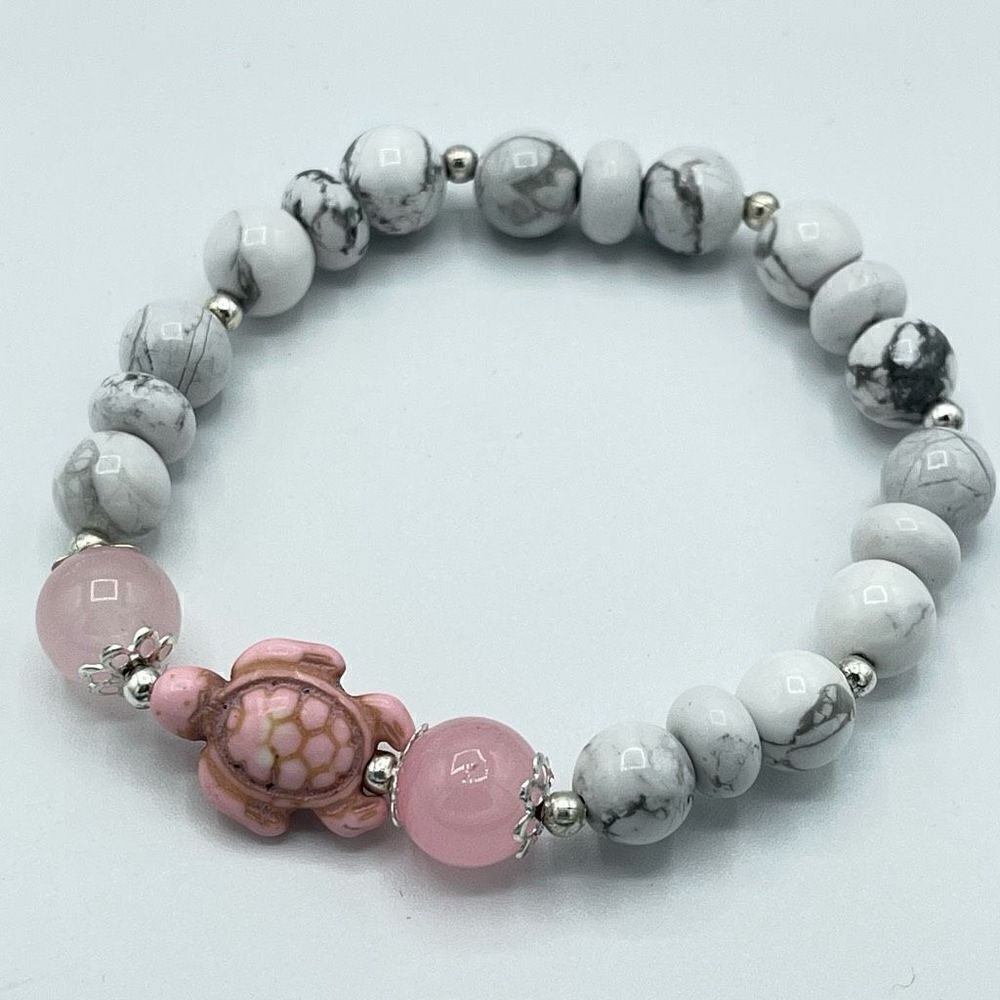Crystal beaded stretch bracelet ONE NEW rose quartz howlite turtle reiki meditat - Picture 2 of 9